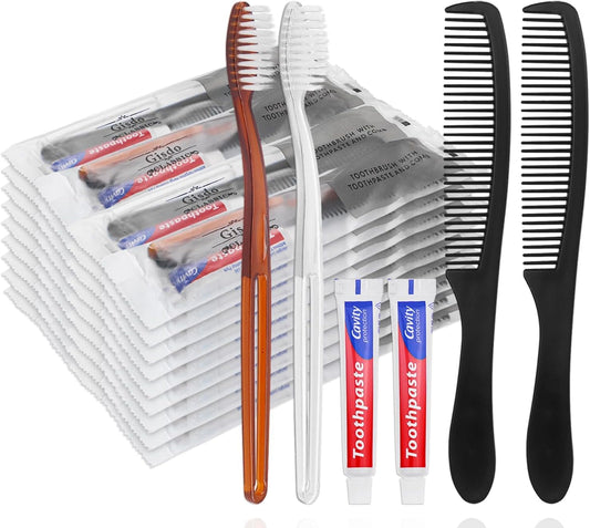 Gisdo 50 Pcs Disposable Toothbrushes with Toothpaste and Comb Individually Wrapped,10g Travel Toothpaste,7inch Black Hair Comb,Bulk Toothbrush for Hotel,AirBnb,Shelter,Charity