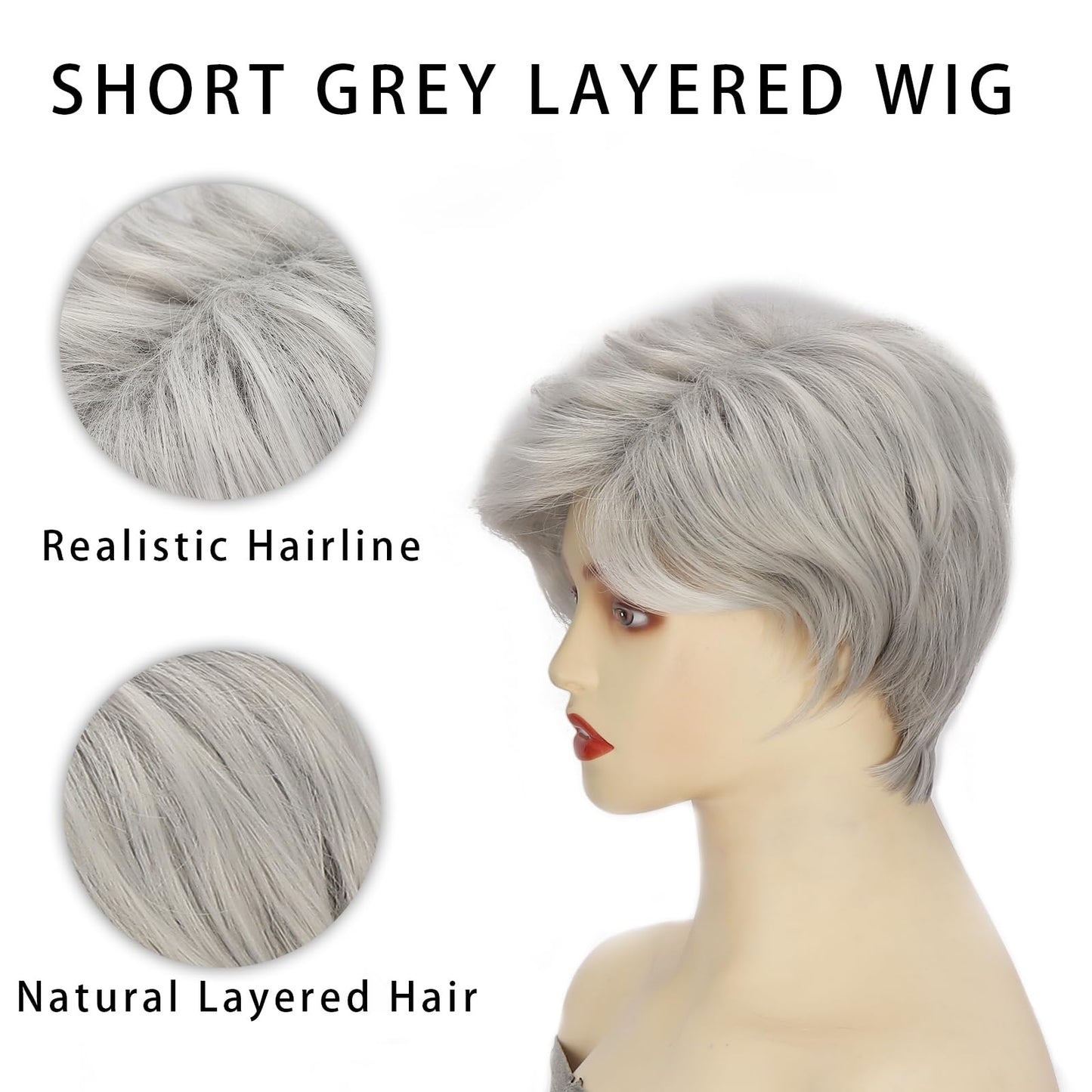 MARYLING Gray Short Pixie Cut Wig Synthetic Ombre Light Gray Hair Wig with Bangs Haircuts Side Part Layered Wavy Wigs for White Women