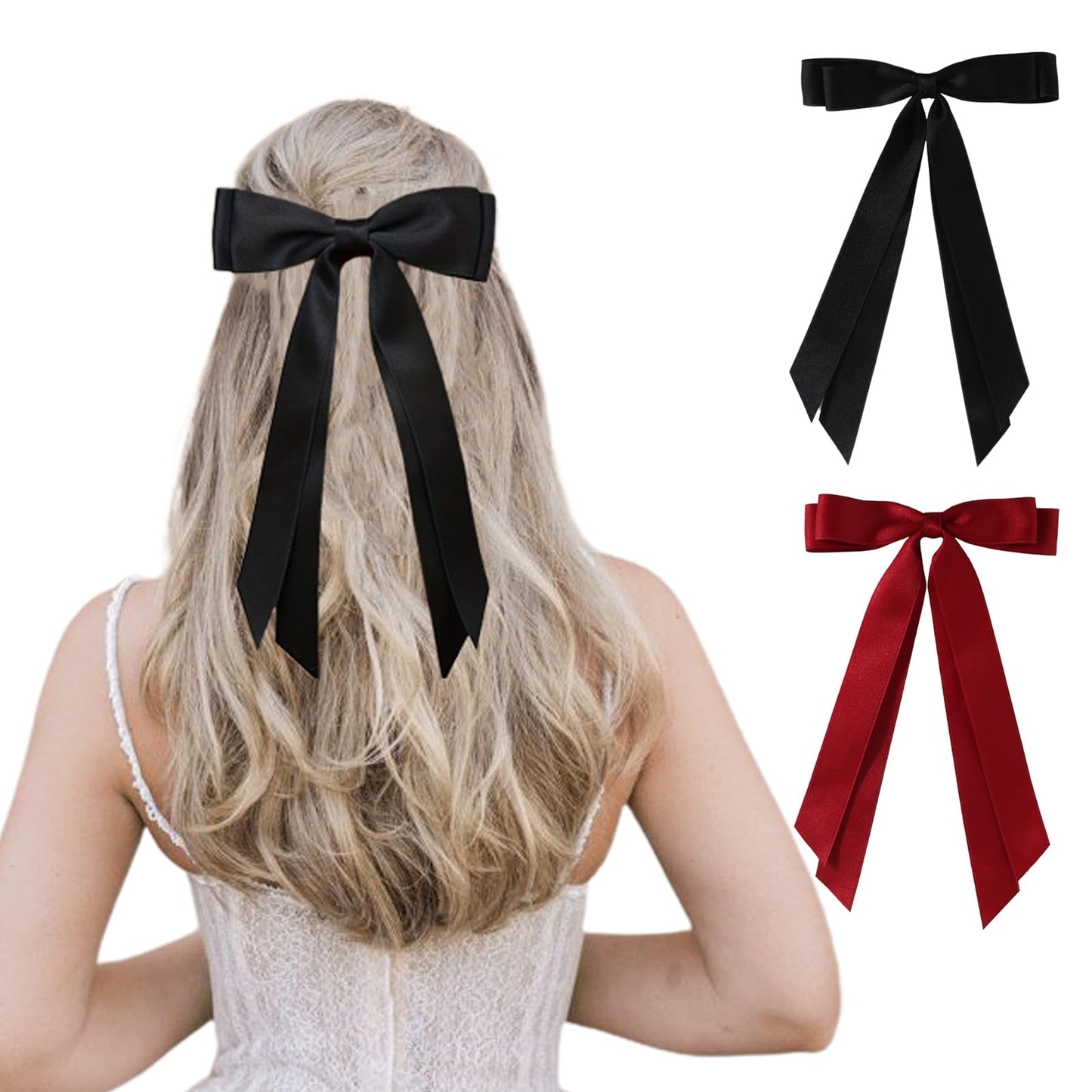 juyght 2PCS Double layer Ribbon Hair Clips Bowknot with Long Tail Bow Hair Clips Tassel Bowknot Hair Clips with Long Tail Hair Clips for girls with Bowknot Clips Women Ribbon for Hair Barrettes Clip