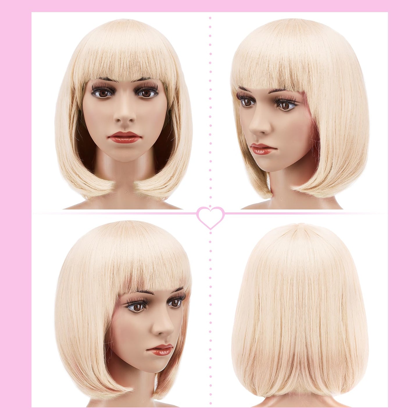 AGPTEK 13 Inches Straight Heat Resistant Short Bob Hair Wigs with Flat Bangs for Women Cosplay Daily Party - Beige White