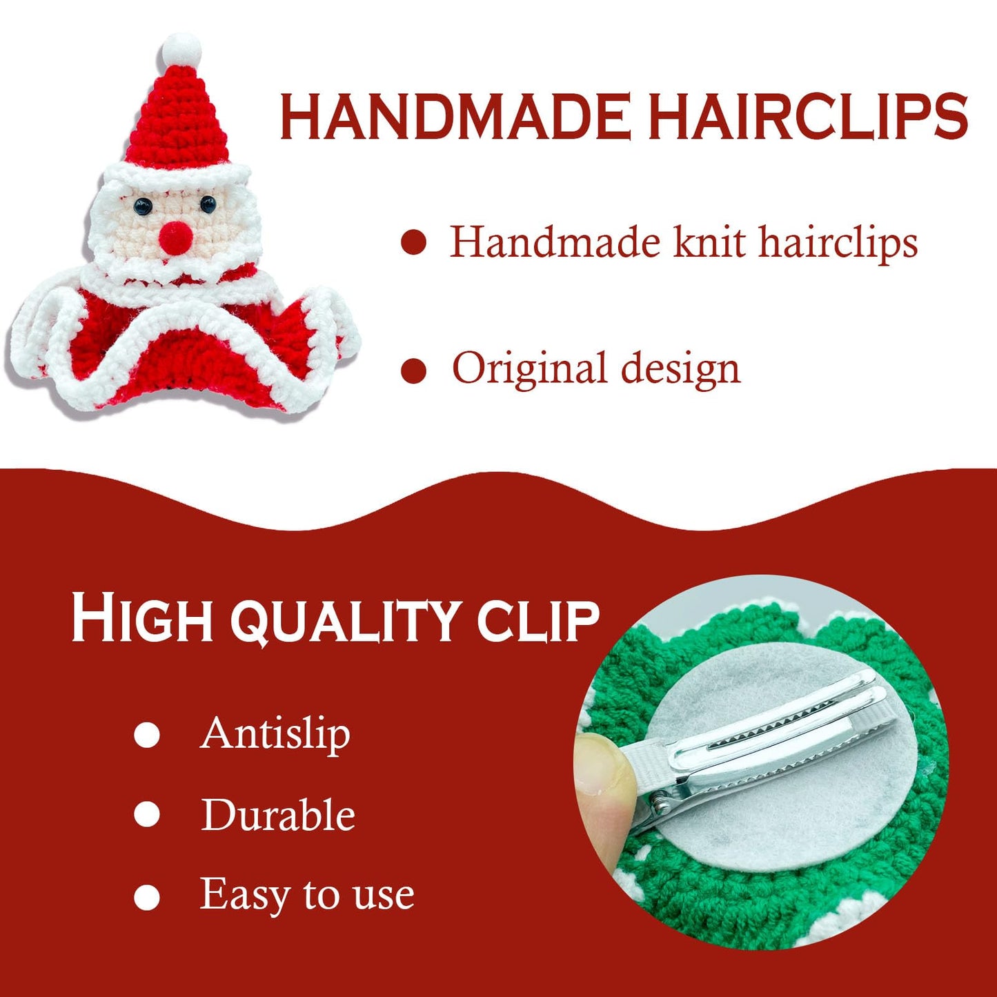 2PCS Christmas Hair Clips, Handmade Christmas Tree and Santa Style Christmas Hair Accessories for Women Girls Kids, Red Green Glittery Holiday Hair Clips Christmas Party Costume Accessories Gift