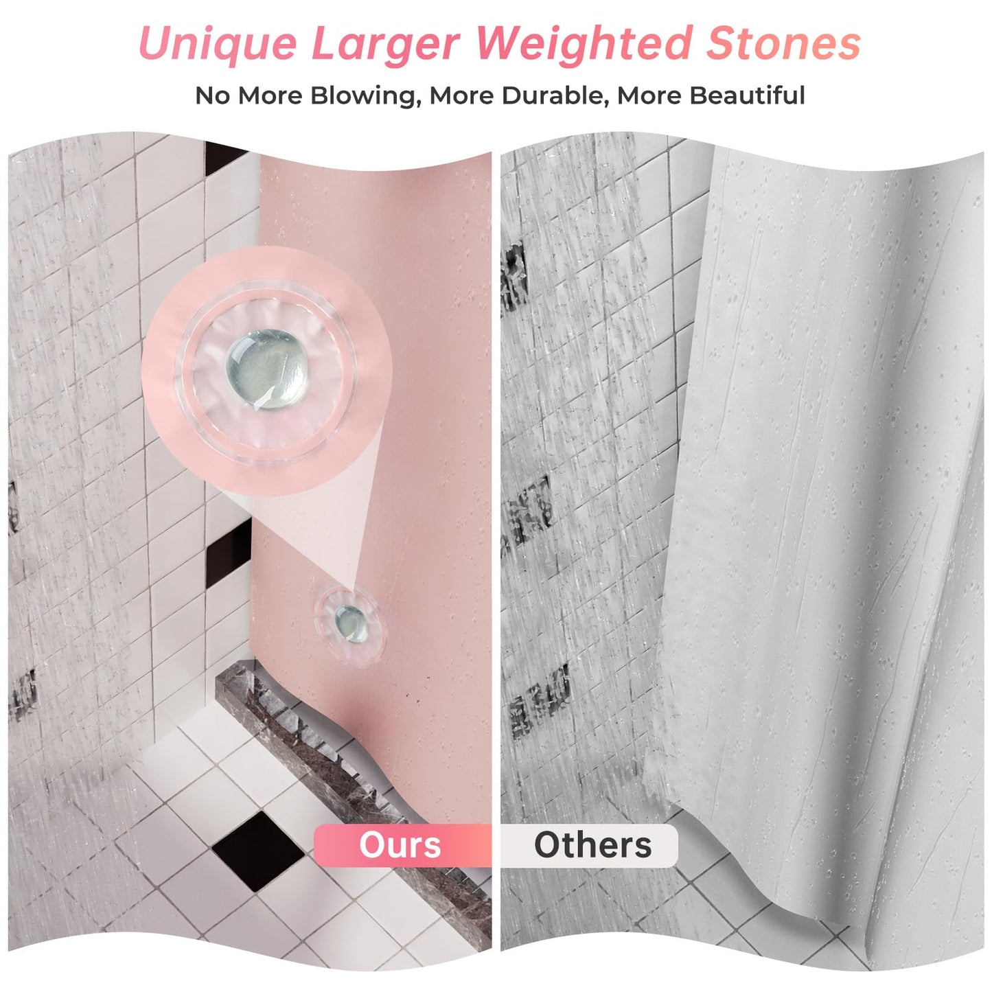 AmazerBath Light Pink Shower Curtain Plastic 72x72 Inches, Premium PEVA Shower Curtain Pink, 8G Heavy Duty Shower Curtains for Bathroom with 3 Big Weighted Stones and 12 Rustproof Grommets