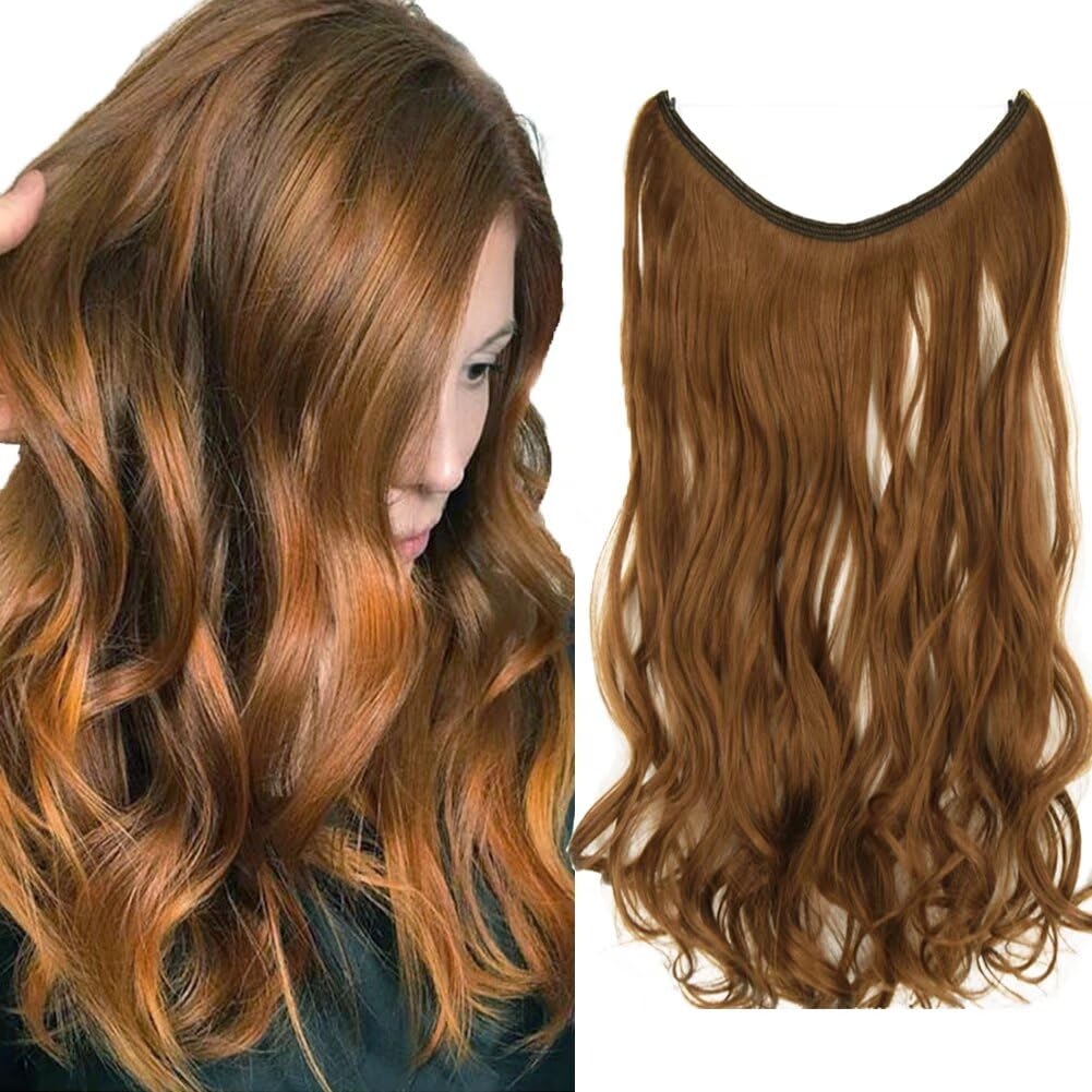 iLUU 18" 80g Auburn Brown Hidden Wire Hairpiece Invisible Fish Line Synthetic Hair Extensions One Piece Curly Wavy Hairpieces With Transparent String Headband for Women (No Clips No Tape)