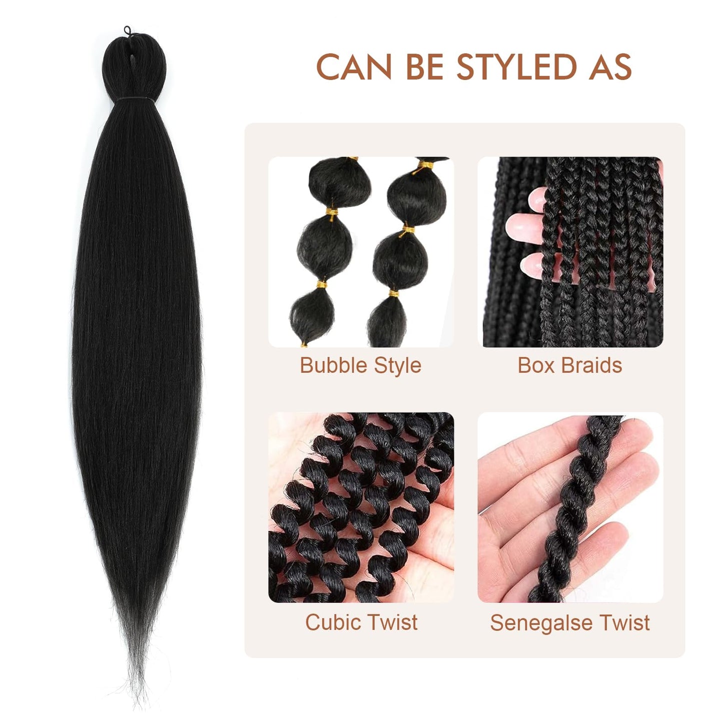 DIFUNEE Pre-stretched Braiding Hair - 18 Inch 8 Packs Natural Black Long Braiding Hair For Twist or Box Braids, Yaki Texture Hot Water Setting Synthetic Braiding Hair Extensions (18 Inch, 1B-8P)