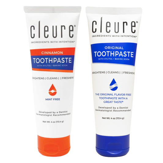 Cleure Original & Cinnamon Toothpaste Set - Flavor-Free, Fluoride-Free - Helps Whiten Teeth - Natural Great Taste for Children & Adults - Unflavored & Cinnamon Flavor Bundle (4oz, 2 Tubes)