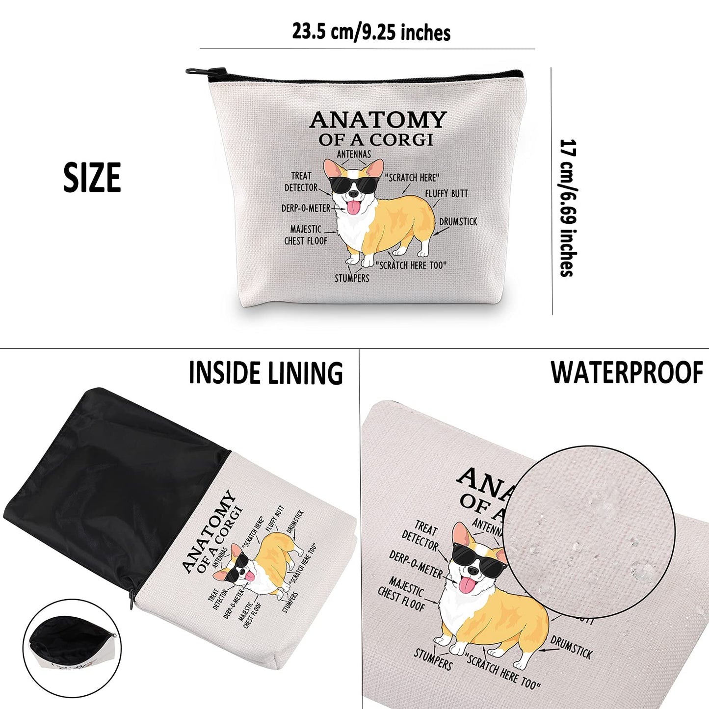 G2TUP Corgi Lover Gift Anatomy of a Corgi Makeup Bag Corgi Mom Cosmetic Bag with Zipper Corgi Owner Gift Dog Mama Lover Gift (Anatomy of a Corgi White Bag)