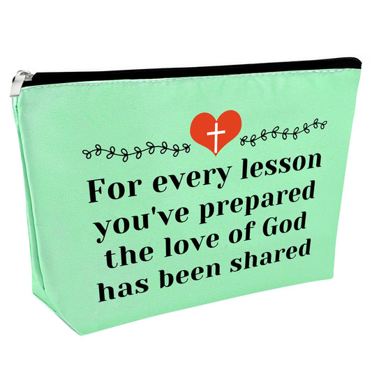 Sunday School Teacher Gift Makeup Bag Religious Gift for Women Teacher Appreciation Gift Cosmetic Bag Christian Gift for Her Funny Birthday Gift Thanksgiving Graduation Gift Travel Pouch（Green）