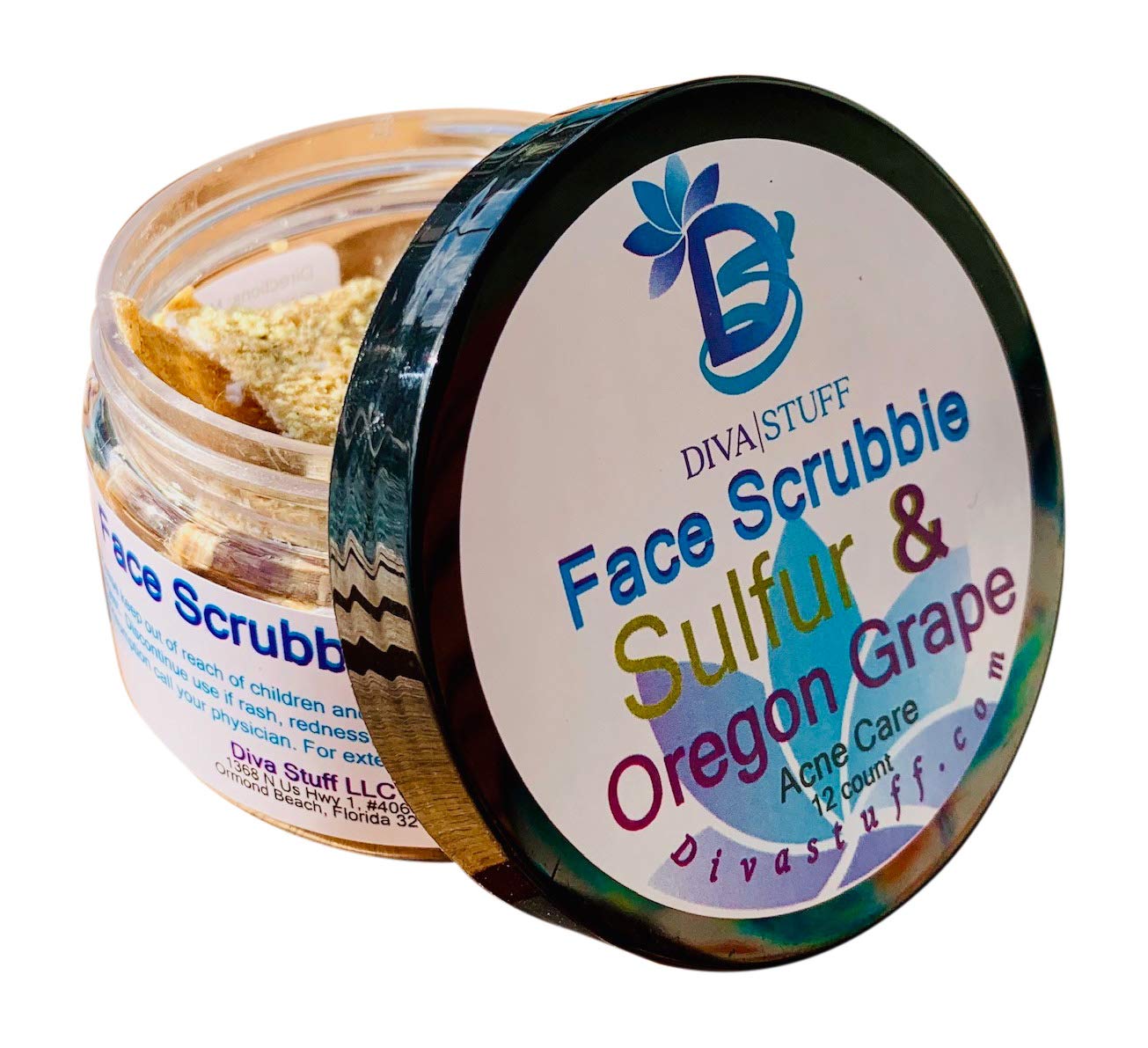 Diva Stuff Face Scrubbie - Scented Exfoliating Face Scrub Pads - Blackhead/Whitehead Acne Reducing Skincare Tool - Promotes New Skin Cell Turn Over - 12 Pads (Sulfur & Oregon Grape)