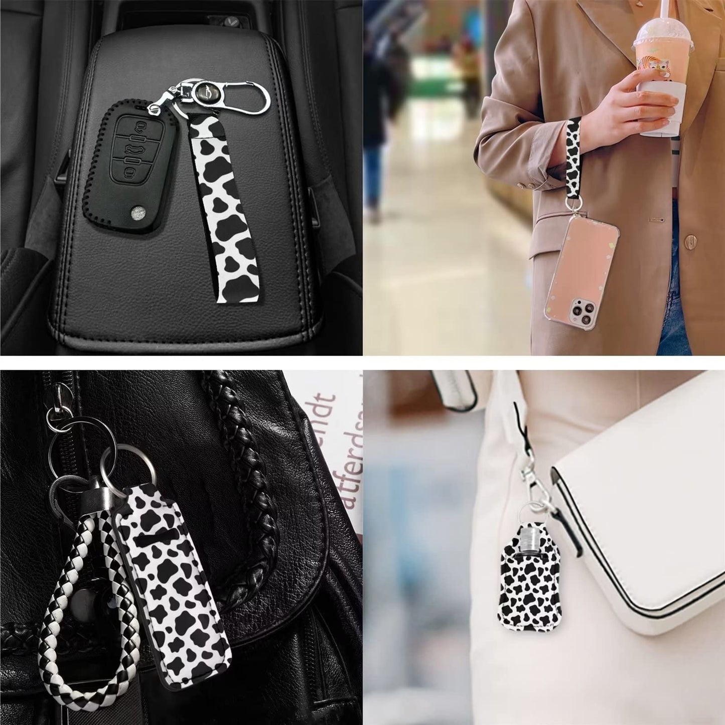 Suobstales 3 Pack Travel Bottles Keychain Holder Set Cow Print Chapstick Holder Keychains Wristlet With Black White Animal Pattern for Women Girls Travel Accessories Makeup Organizer