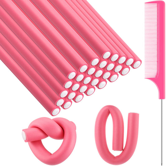 Syhood 30 Pcs Flexible Curling Rods 9.45" Twist Foam Hair Rollers Soft Foam No Heat Hair Rods Rollers and 1 Steel Pintail Comb Rat Tail Comb for Women Long Short Hair(Pink,9.45 x 0.63 Inch)