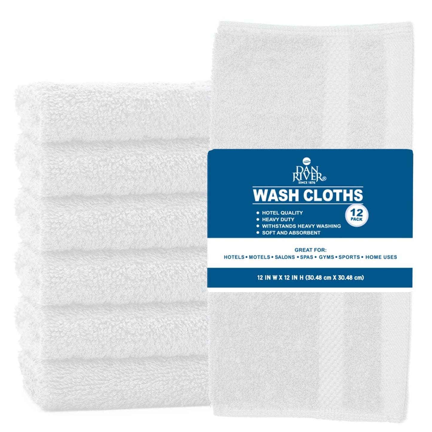 DAN RIVER 100% Cotton Face Towels 12 Pack - Premium Quality Washcloths Highly Absorbent Towels for Bathroom, Spa, Gym - Quick Dry Essential for Daily Use 12x12 in, 600 GSM – White