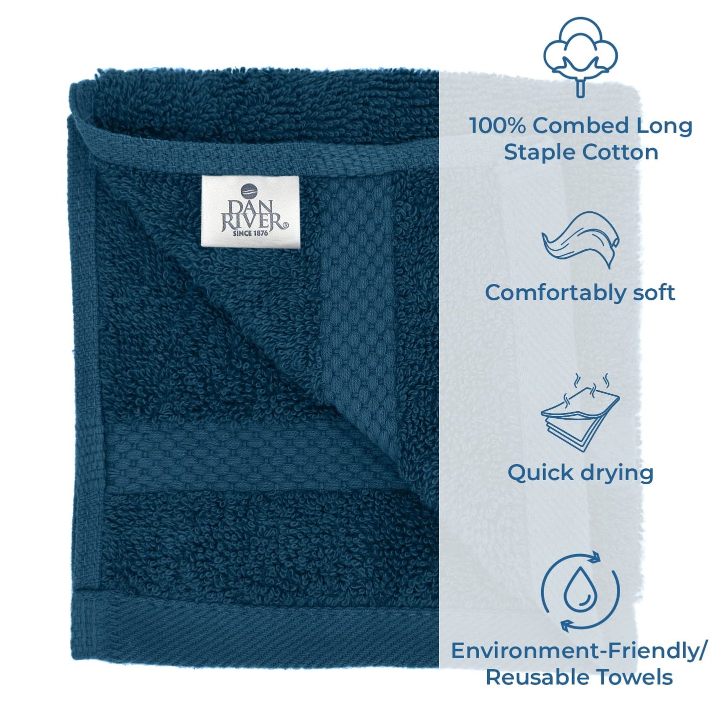 DAN RIVER 100% Cotton Face Towels 12 Pack - Premium Quality Washcloths Highly Absorbent Towels for Bathroom, Spa, Gym - Quick Dry Essential for Daily Use 12x12 in, 600 GSM – Blue