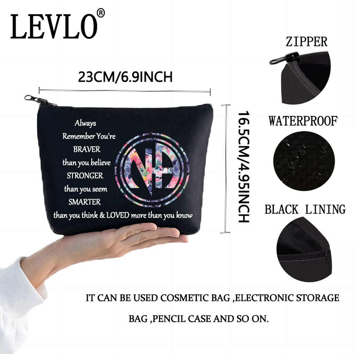 LEVLO Narcotics Anonymous Cosmetic Make up Bag NA Sobriety Gift NA Recovery You Are Braver Stronger Smarter Than You Think Makeup Zipper Pouch Bag (NA Black)