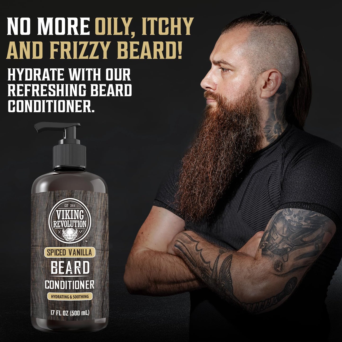 Viking Revolution Spiced Vanilla Beard Conditioner for Men with Argan Oil and Jojoba Oil - Beard Softener and Strengthener Natural Beard Conditioner with Beard Oil - Beard Care Moisturizer (17oz)