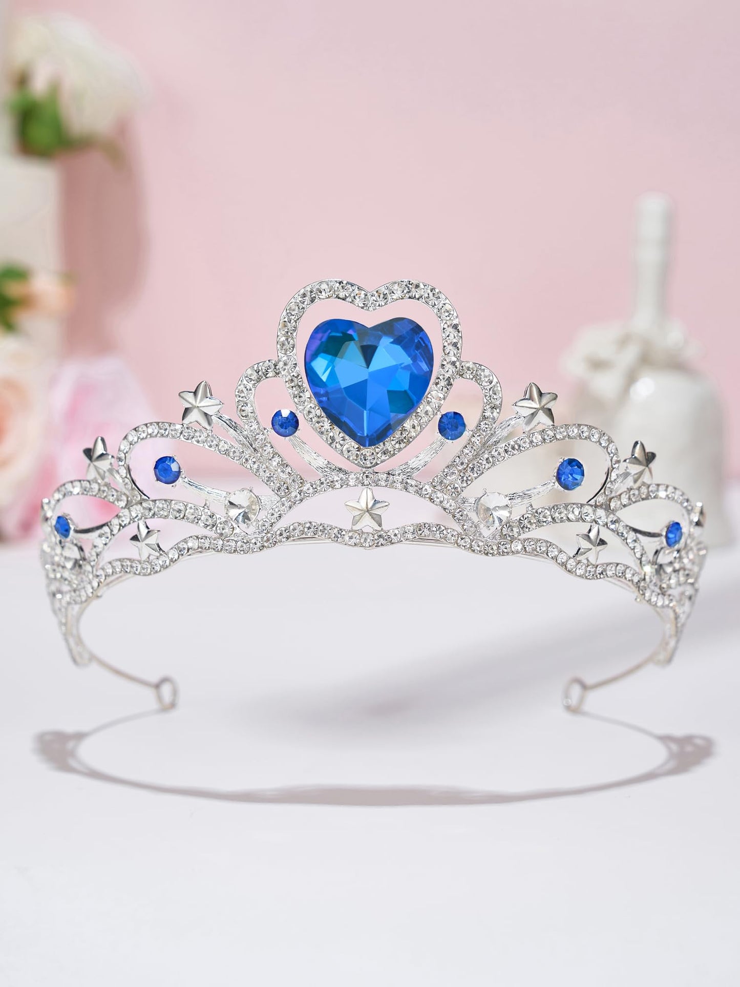 SWEETV Birthday Crowns for Women Girls Birthstone Heart Princess Tiara Silver Wedding Headband for Birth Day Party Photograph, Mar