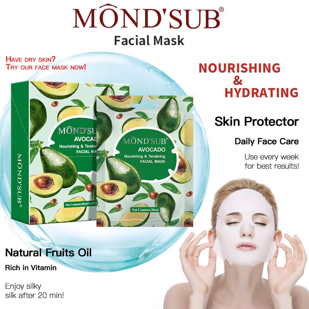 MOND'SUB [12 P] Avocado Oil Facial Masks-Best Sheet Mask For Dry Skin-Deeply Nourishing&Moisturizing- Make Skin Soft&Clear-Every Skin Condition Day to Day Skin Concerns-Both Men&Women