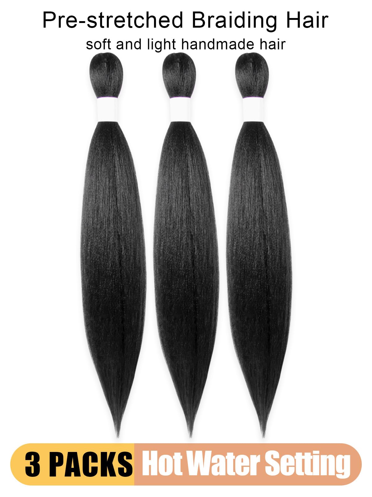 KAVSORAPI Braiding Hair 24 Inch Pre Stretched Hair Color 1 Long Straight Crochet Braids Yaki Texture Synthetic Hair 3 Packs (1#/Jet Black)