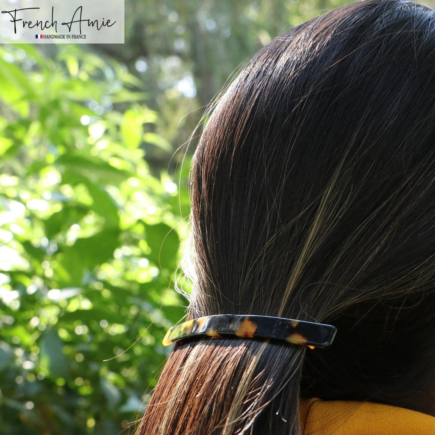 French Amie Long and Skinny Bar Yellow Tokyo Large 4 1/4" Celluloid Acetate Handmade Automatic Hair Clip Barrette with No Slip Sturdy Silver Clasp for Women and Girls, Made in France (Yellow Tokyo)