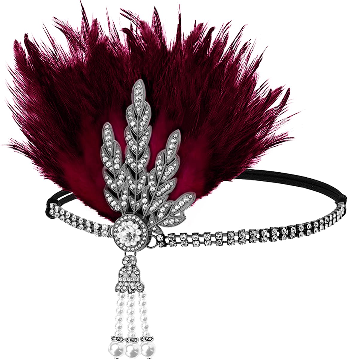 FERCAISH 1920s Flapper Headband, Roaring 20s Red Feather Crystal Headband Bachelor Party Feather Headband, Great Hair Accessories for Women (Red)