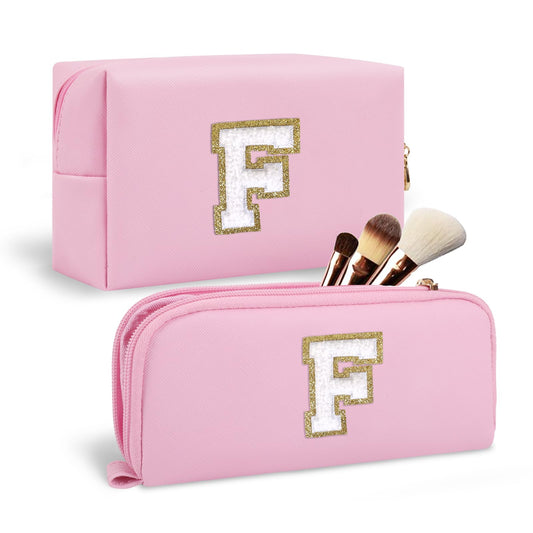 2Pack Personalized Initial Letter Patch Makeup Bag,Pink Cute Preppy Cosmetic Bag with Small Makeup Brush Bag,PU Travel Toiletry Zipper Pouch,Personalized Gifts for Women Teen Girls Friend Mom,Letter F