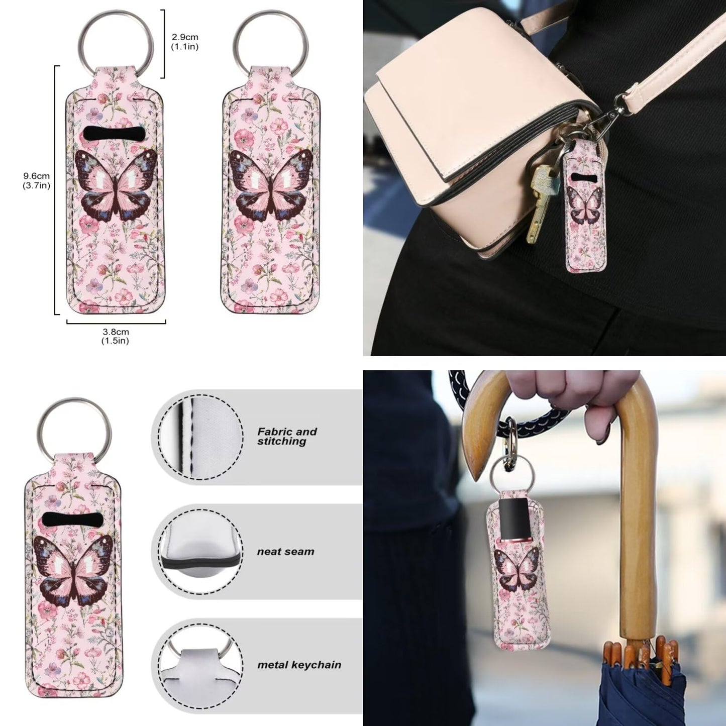 Suobstales Butterfly Flower Print Travel Keychain Holders Kits, Travel Bottle Chapstick Lanyard Keychain Holders Set Neoprene Balm Holders Pouch Makeup Storage Organizer, Set of 3