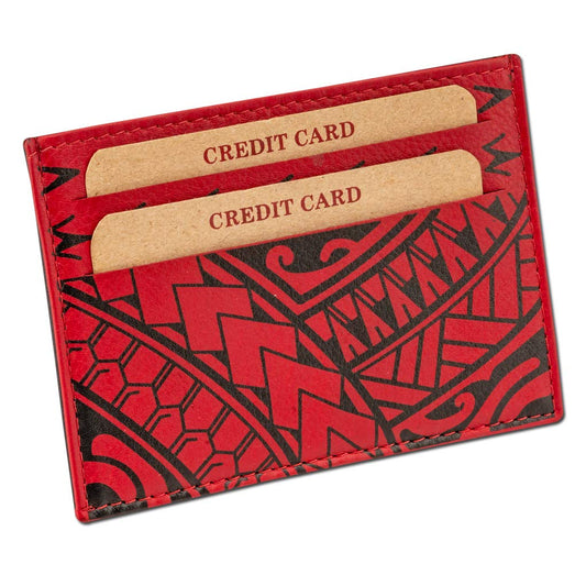 Polynesian Tattoo Leather Credit Card Holder Super Slim Wallet "Hiku" with Tribal Tattoo art by Eugene Ta’ase (Red) from NAKOA