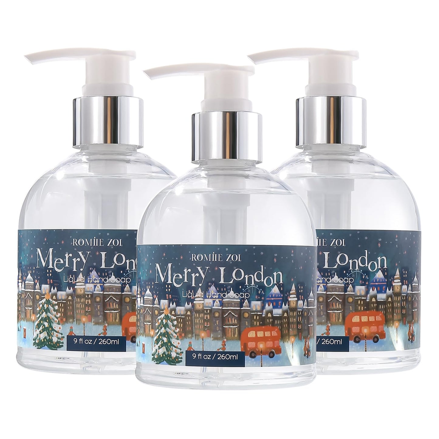 ROMIIE ZOI Christmas Liquid Hand Soap with Gift Box - Merry London, Infused with Cedar & Juniper Aroma - 260ml/ 9 fl.oz（Pack of 3）