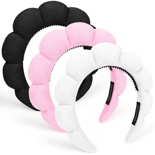 Wecoe 3pcs Skincare Headband For Washing Face Spa Headband with Teeth Makeup Face Wash Headband Cute Pink White Black Puffy Sponge Bubble Headband Hair Accessories For Women Girls Kids Teens Gifts