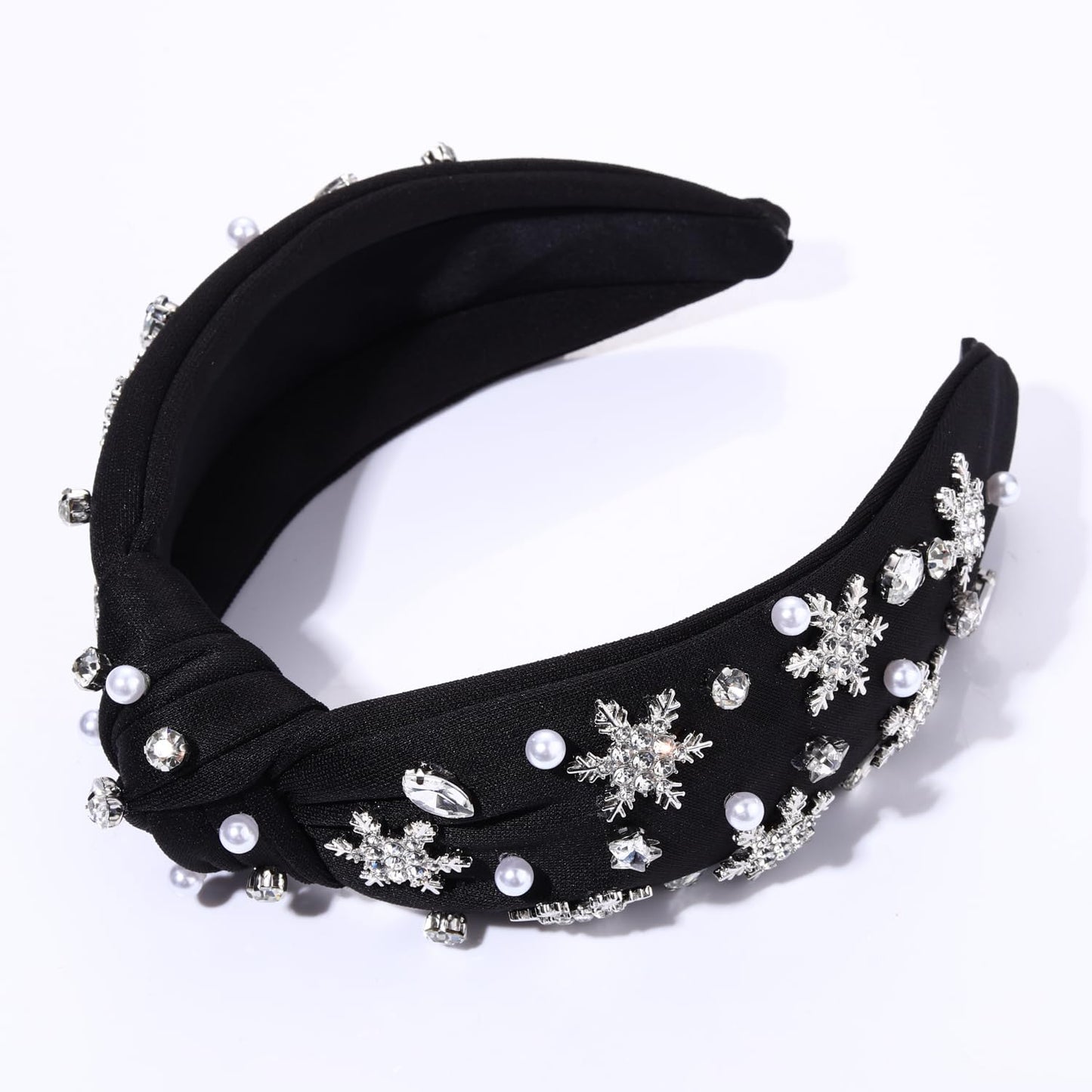 Christmas Headband for Women Jeweled Xmas Plaid Headband Embellished Crystal Pearl Knotted Headbands Wide Top Knot Holiday Headband Christmas Hair Accessories Holiday Outfits Gifts (Snowflake Black 2)