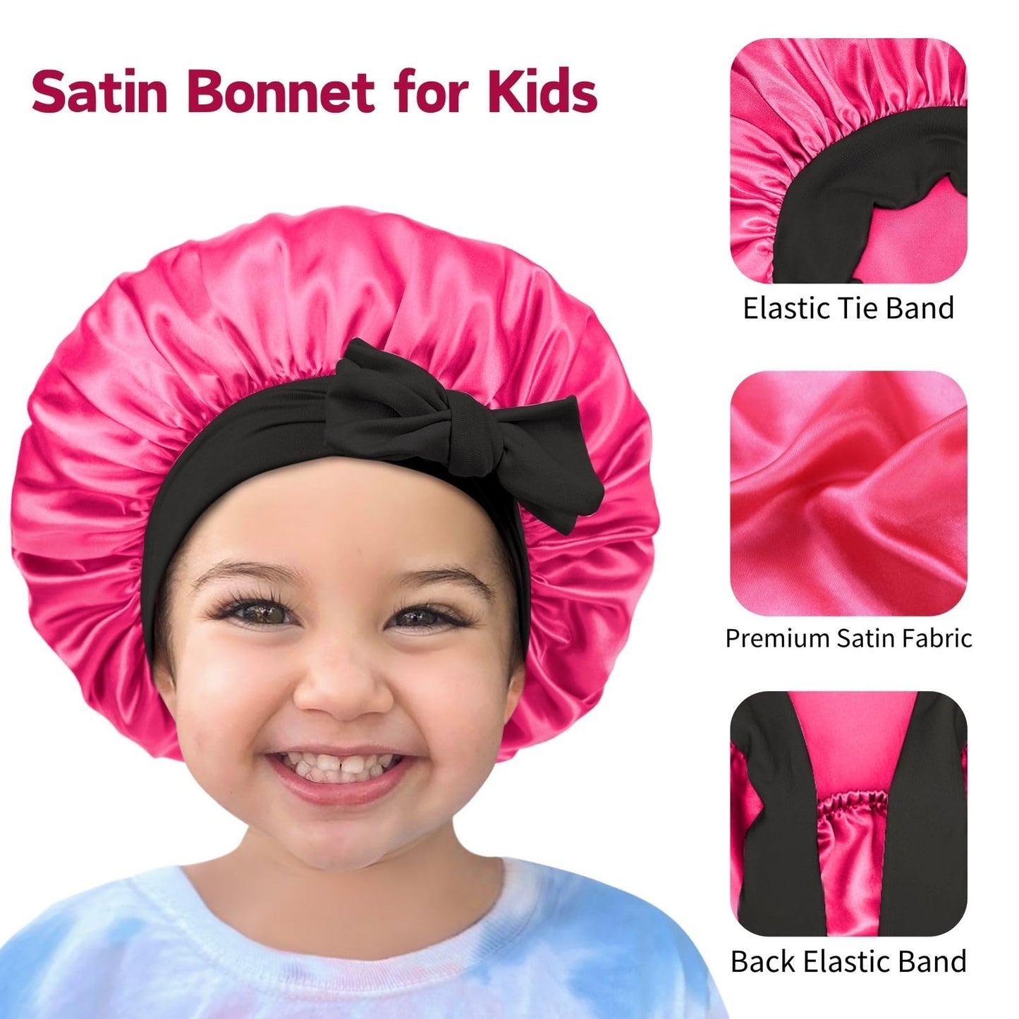 Satin Bonnet Silk Hair Cap: 2pcs Kids Bonnets with Adjustable Tie Band for Baby Toddler Sleeping Hair Bonnets Sleep Comfortable No Slip-Off (Black & HotPink)