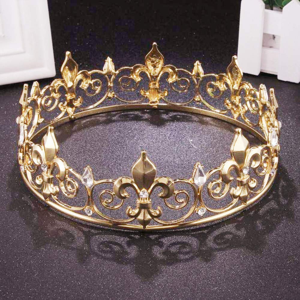 King Crown for Men Male Boy Prince 7" Gold Crystal Prom Birthday Wedding Party Tiara Headband, Large Full Round Costume Accessory Royal Cake Topper, Summer