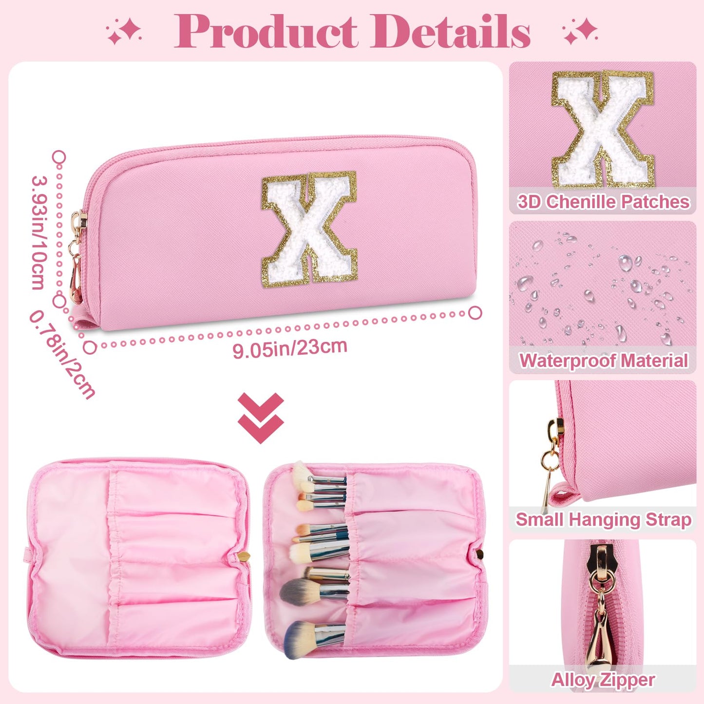 2Pack Personalized Initial Letter Patch Makeup Bag,Pink Preppy Cosmetic Bag with Small Makeup Brush Bag,Cute Waterproof PU Travel Toiletry Pouch,Gift Ideal for Her Birthday Friend Mom Teacher,Letter X