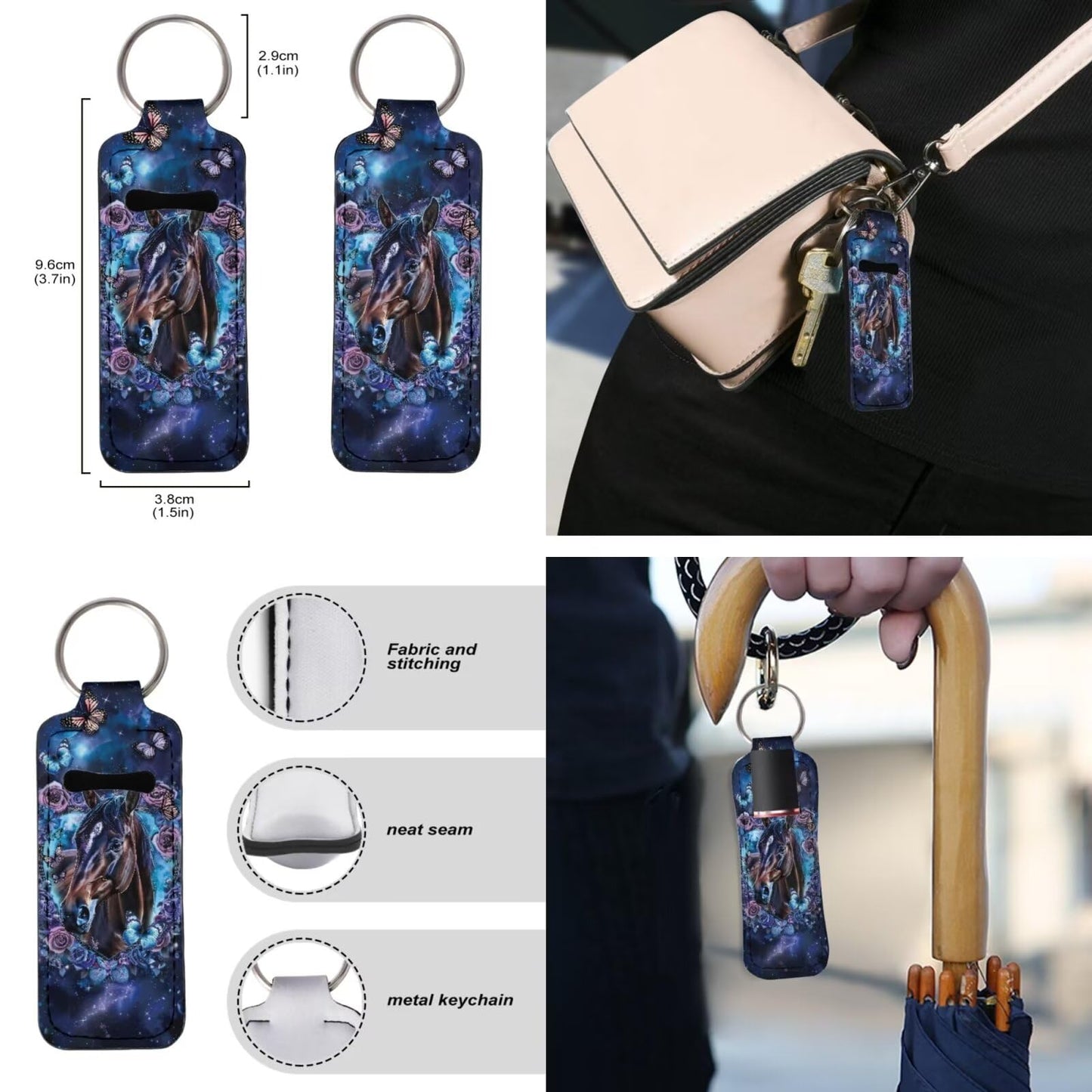 Suobstales Horse Butterfly Flower Print Chapstick Holder 1 Keychain Wristlet Lanyards 1 Mini Bottle Keychain Holder, Neoprene Travel Bottle Keychain Holders Set of 3