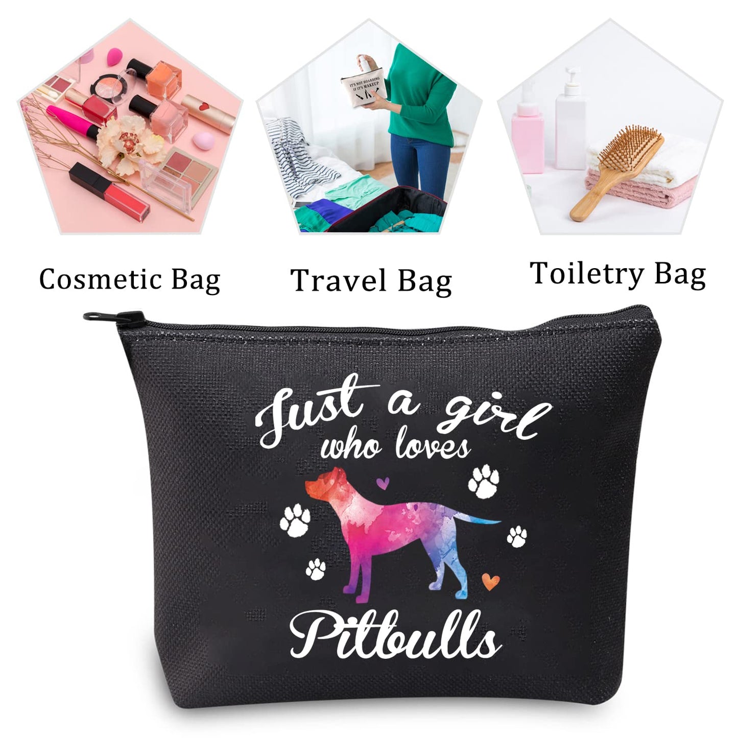 MBMSO Pitbull Gifts Makeup Bag Just a Girl Who Loves Pitbulls Cosmetic Bag Pitbull Lovers Owner Gifts Travel Bag Zipper Pouch(Pitbull bag-black)