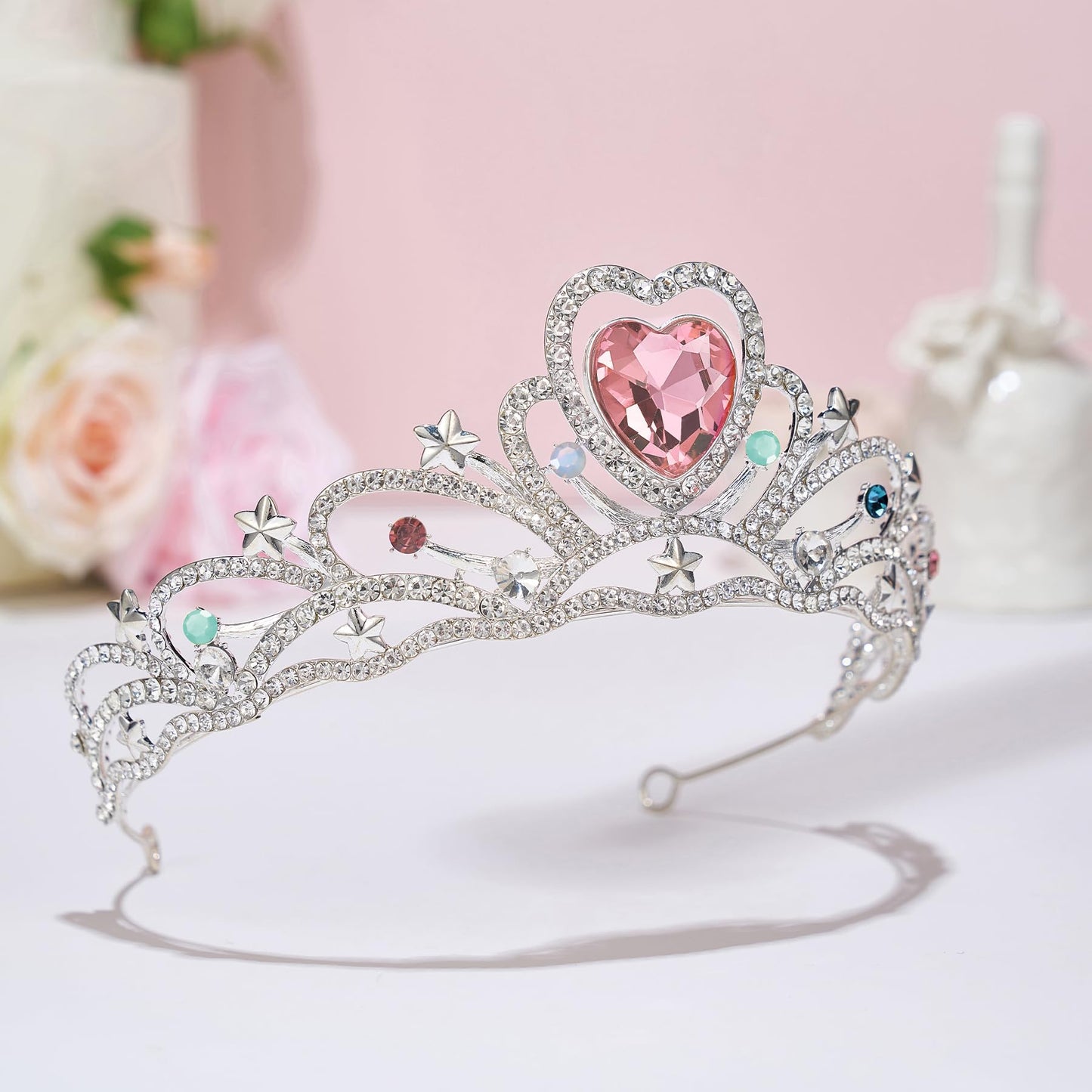 SWEETV Birthday Crowns for Women Girls Birthstone Heart Princess Tiara Silver Wedding Headband for BirthDay Party Photograph, Oct