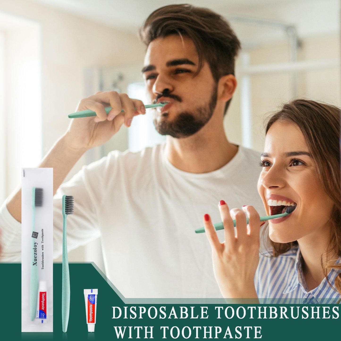 Xuezoioy Disposable Toothbrushes with Toothpaste,60Pack Green Individually Wrapped Disposable Travel Toothbrushes Kit in Bulk for Homeless,Nursing Home,Hotel,Charity