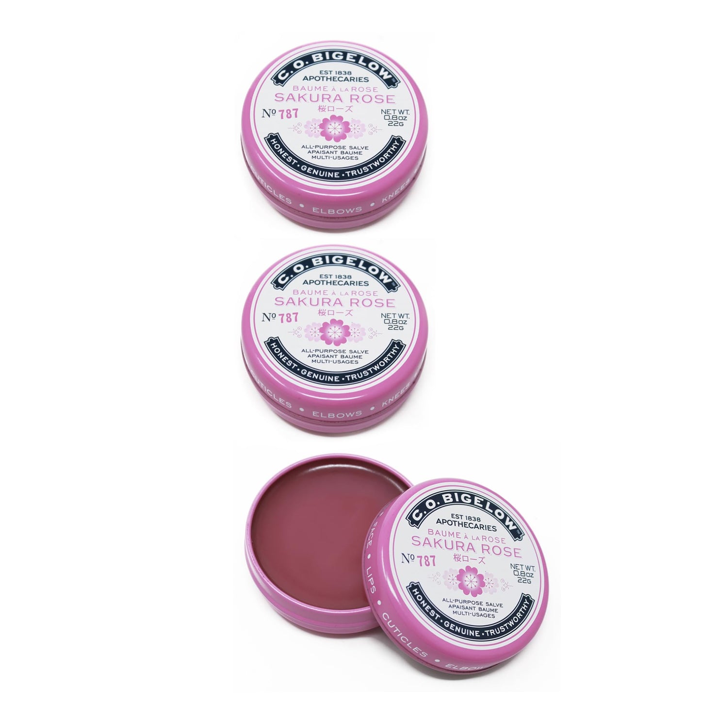 C.O. Bigelow All Purpose Salve Lip Balm Tins, Sakura Rose Salve Pack of 3 for Chapped Lips & Dry Skin - Moisturizing Lip, Cuticle and Skin Salves, 0.8 oz each