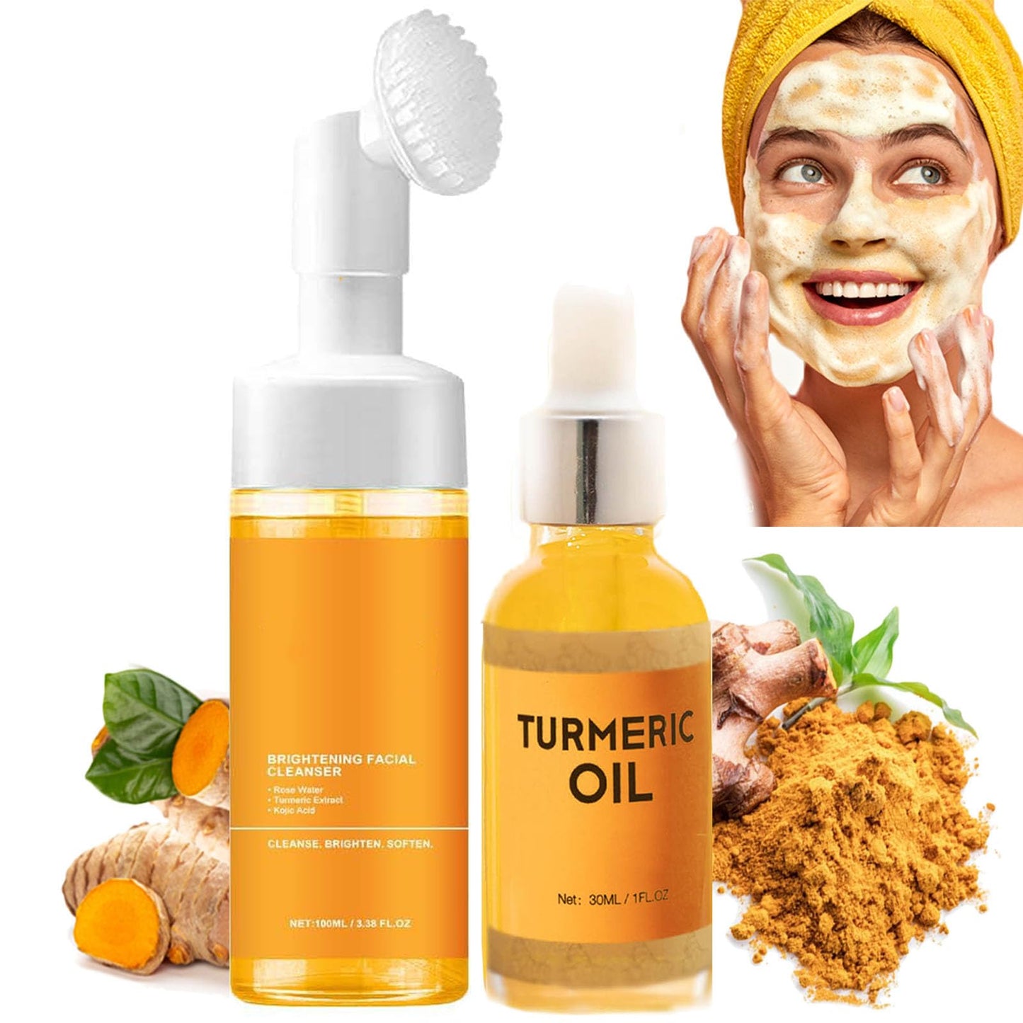 HABOHUSE Turmeric Facial Cleanser, Turmeric Foaming Facial Cleanser + Tumeric 𝐇y𝐚lu𝐫o𝐧ic Acid Serum, Face Skincare Deep Cleaning Moisturizing for All Skin (2,Combo)