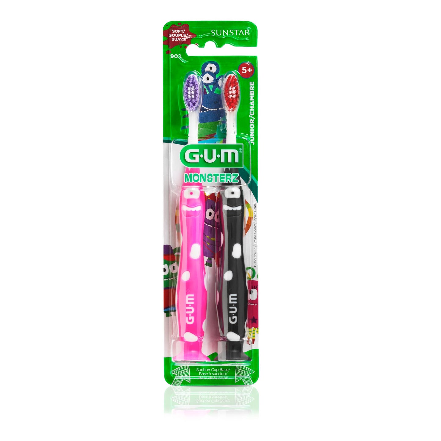 GUM Monsterz Jr Kids’ Toothbrush, Soft Bristled Children’s Toothbrush with Suction Cup, for Ages 5+, 2ct (6pk)