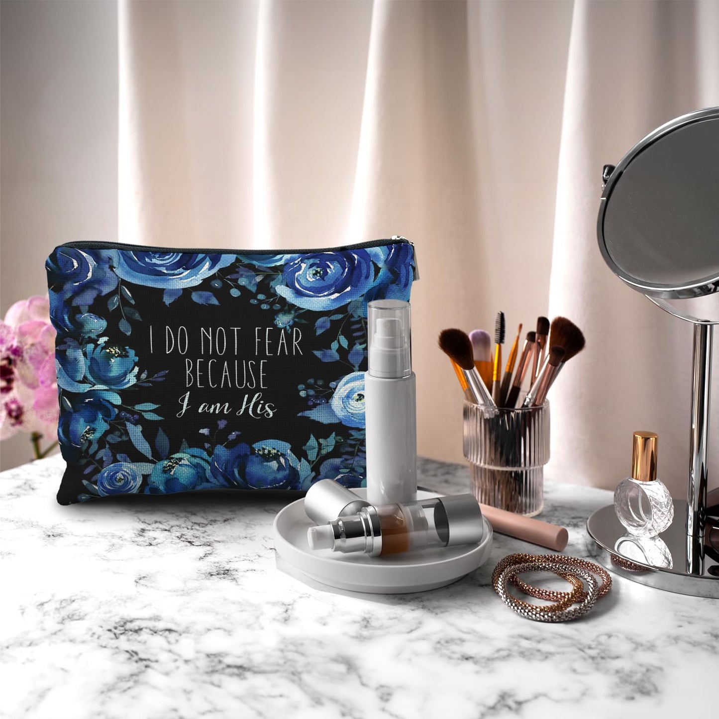 Nogrit Christian Inspirational Makeup Bag Cosmetic Bags for Women, Blue Floral Makeup Bag, Christian Gifts for Women Faith, Religious Bible Verse Small Makeup Cosmetic Bag for Purse, I Do not Fear