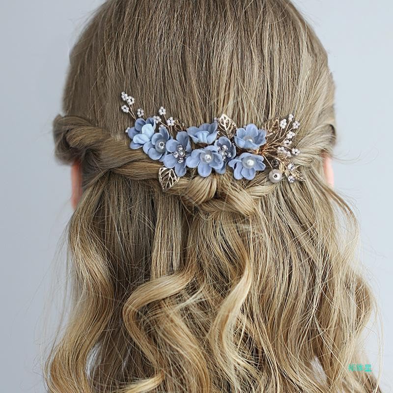 6 Pack Blue Metal Bride Wedding Flower Hair Side Comb + U-Shaped Flower Hairpin Ball Headwear Bride Bridesmaid Ladies Girl Wedding Hair Styling Accessories