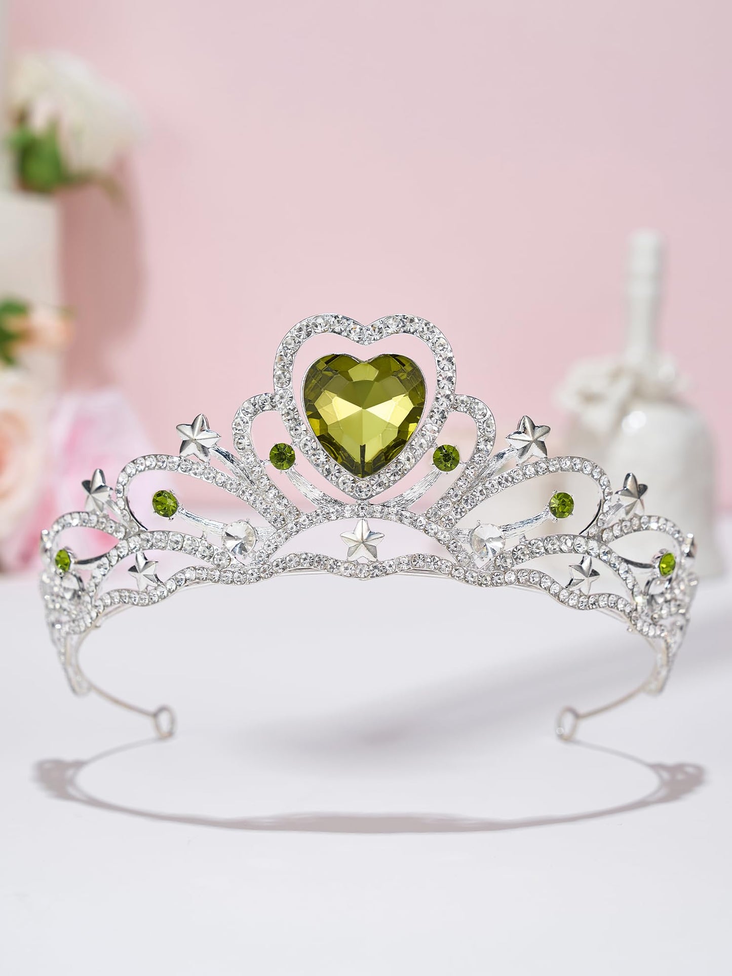 SWEETV Birthday Crowns for Women Girls Birthstone Heart Princess Tiara Silver Wedding Headband for Birth Day Party Photograph, Aug