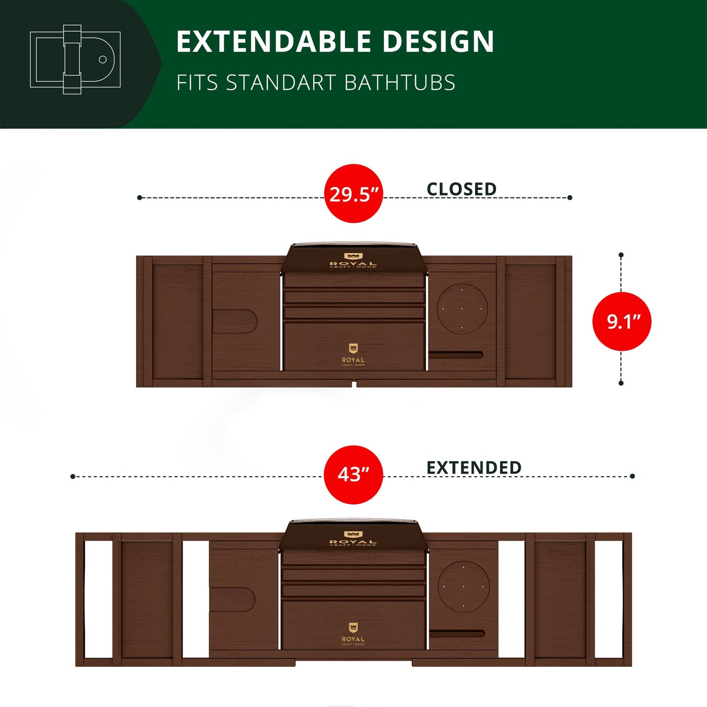 ROYAL CRAFT WOOD Bathtub Tray Caddy Bamboo Bathtub Tray Expandable, Bath Tub Table Caddy with Extending Sides - Free Soap Holder (Brown)