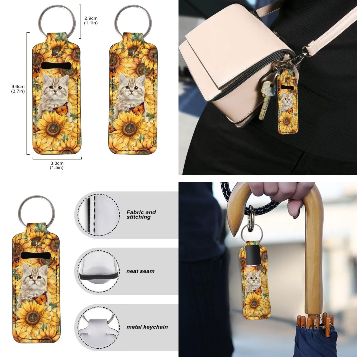 Suobstales Cat Sunflower Butterfly Print Travel Keychain Holders Kits, Travel Bottle Chapstick Lanyard Keychain Holders Set Neoprene Balm Holders Pouch Makeup Storage Organizer, Set of 3