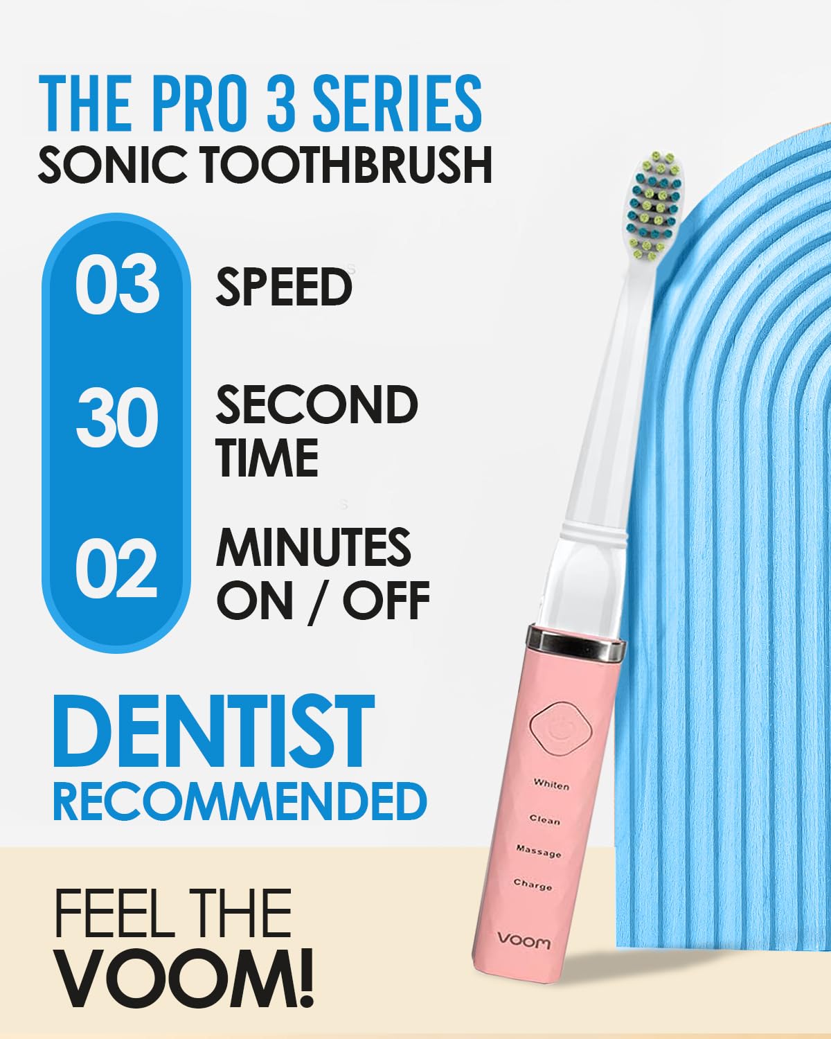 Voom Sonic Pro 3 Rechargeable Electric Battery Powered Toothbrush With Soft Dupont Nylon Bristle Dentist Recommended Portable Oral Care 2-Minute Timer 3 Adjustable Speeds Lightweight Design, Pink