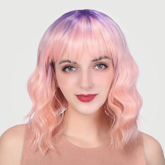 Wigs for Women - Ombre Pink Wig with Bangs for Women, Short Wavy Bob Wig, Colorful Medium Length Wig, Pastel Colored Cosplay Wig Synthetic Costume Wigs, Halloween Wigs……