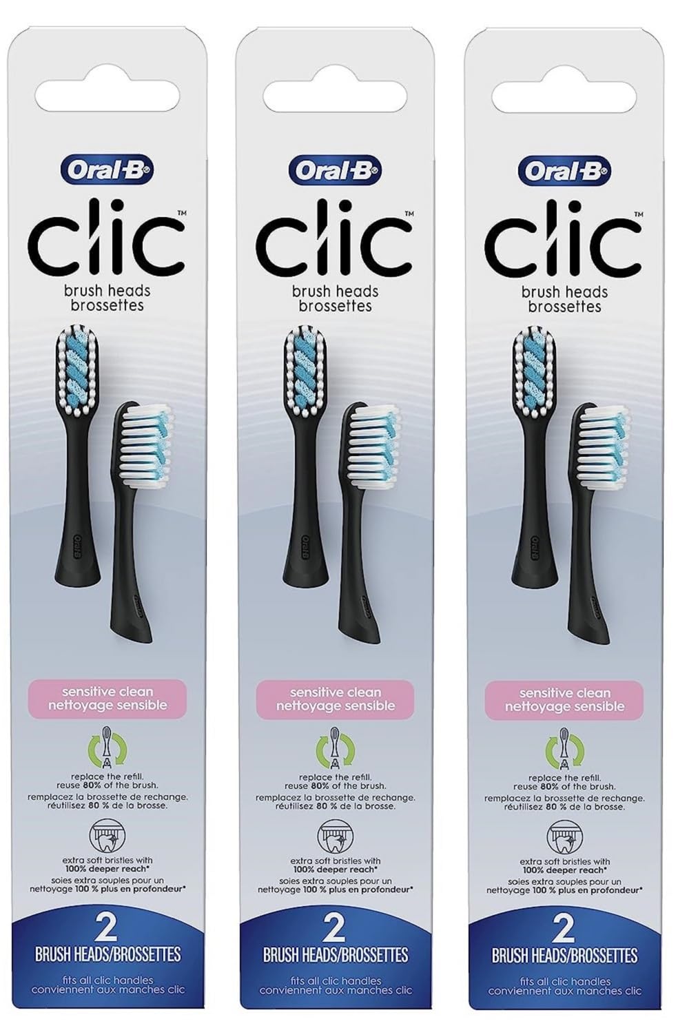 Oral-B Clic Toothbrush Sensitive Clean Replacement Brush Heads, Black, 2 Count (Pack of 3)