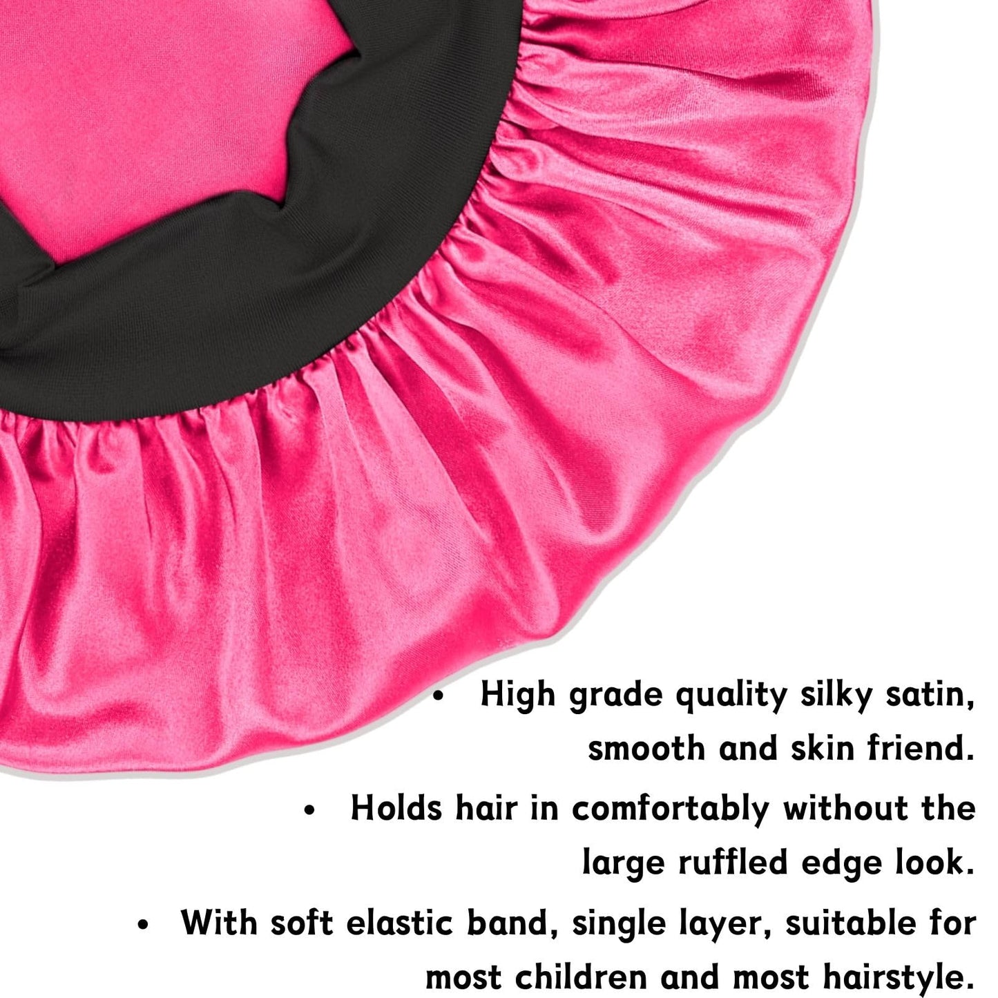 Satin Bonnet Silk Hair Cap: 2pcs Kids Bonnets with Adjustable Tie Band for Baby Toddler Sleeping Hair Bonnets Sleep Comfortable No Slip-Off (Black & HotPink)