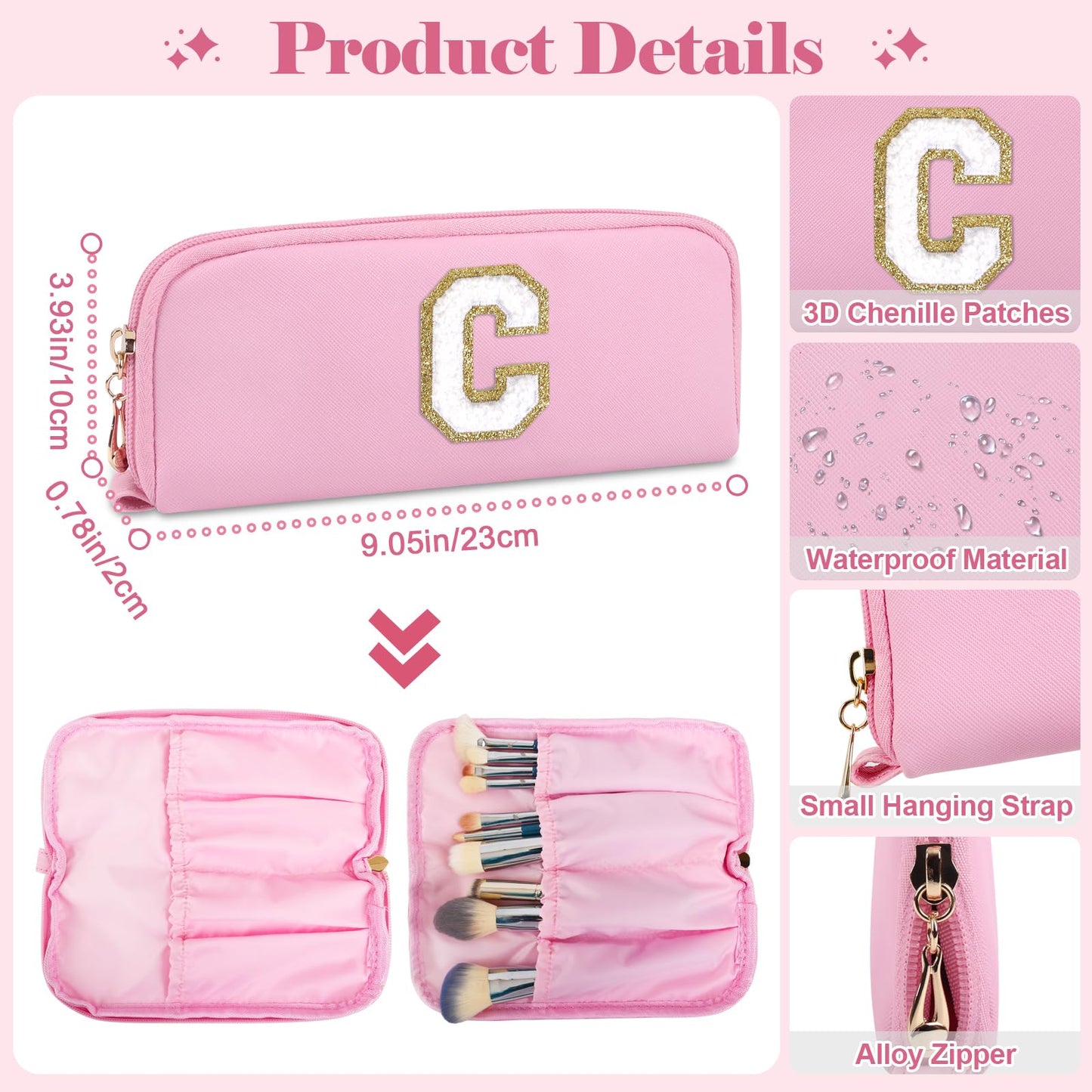 2Pack Personalized Initial Letter Patch Makeup Bag,Pink Cute Preppy Cosmetic Bag with Small Makeup Brush Bag,PU Travel Toiletry Zipper Pouch,Personalized Gifts for Women Teen Girls Friend Mom,Letter C