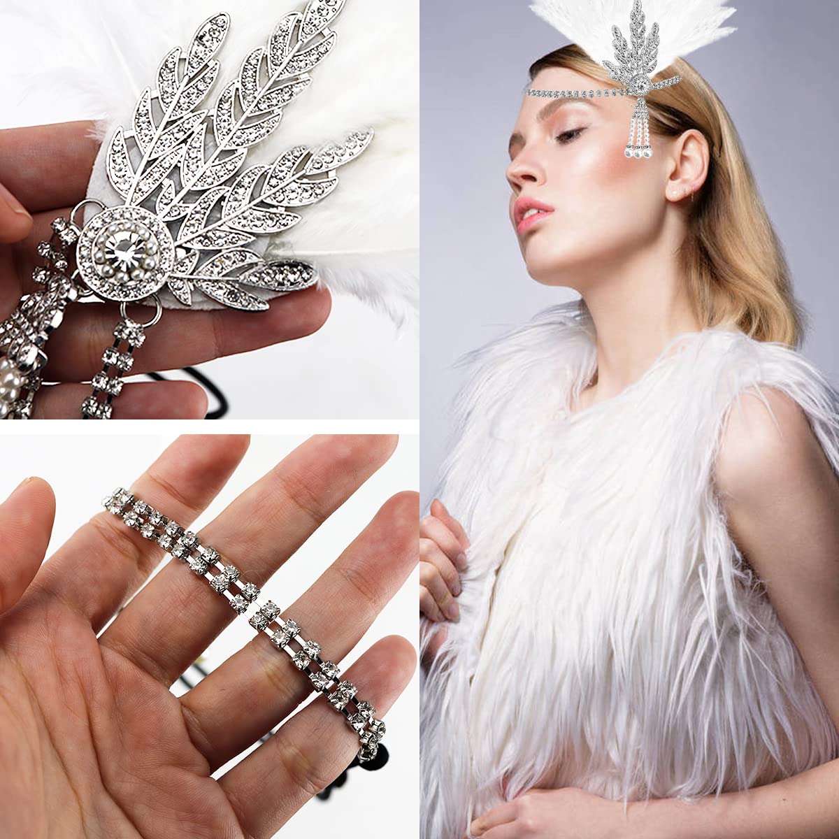 FERCAISH 1920s Flapper Headband, Roaring 20s White Feather Crystal Headband Bachelor Party Feather Headband, Great Hair Accessories for Women (White)